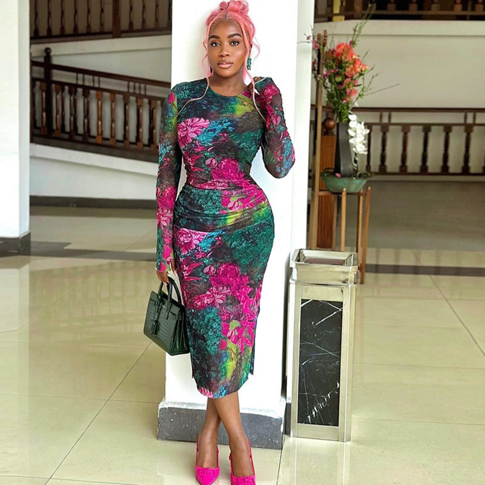 ZARA French Chic Printed Bodycon Pencil Dress Long Sleeve Crew Neck Slim Fit